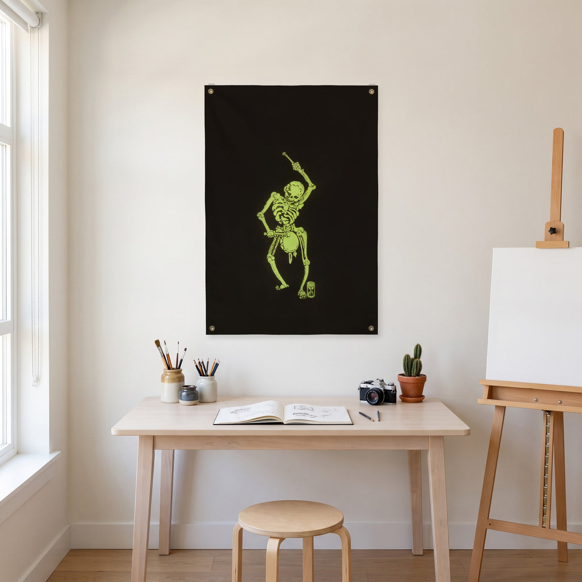 Neon Skeleton Drummer Wall Flag in the art corner room mockup.