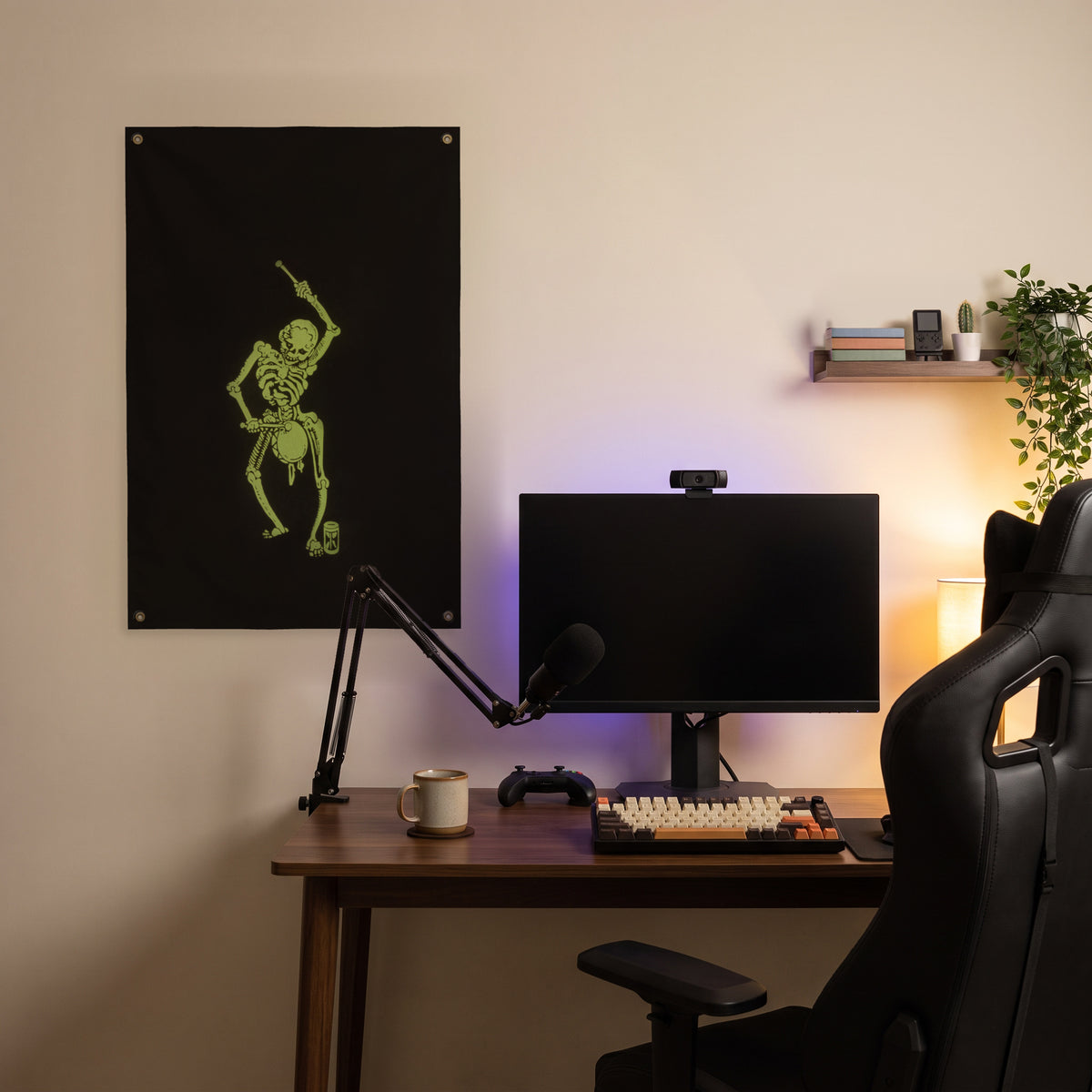 Neon Skeleton Drummer Wall Flag in the streaming nook room mockup.