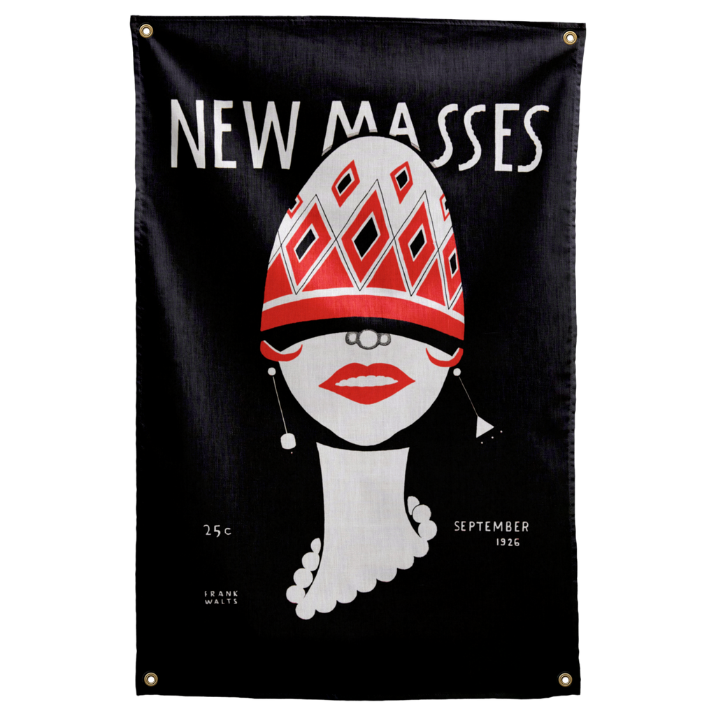 A patterned red hat and white face sit below NEW MASSES lettering on a black background on a Wall Rebel fabric wall flag.