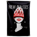 A patterned red hat and white face sit below NEW MASSES lettering on a black background on a Wall Rebel fabric wall flag.