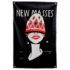A patterned red hat and white face sit below NEW MASSES lettering on a black background on a Wall Rebel fabric wall flag.