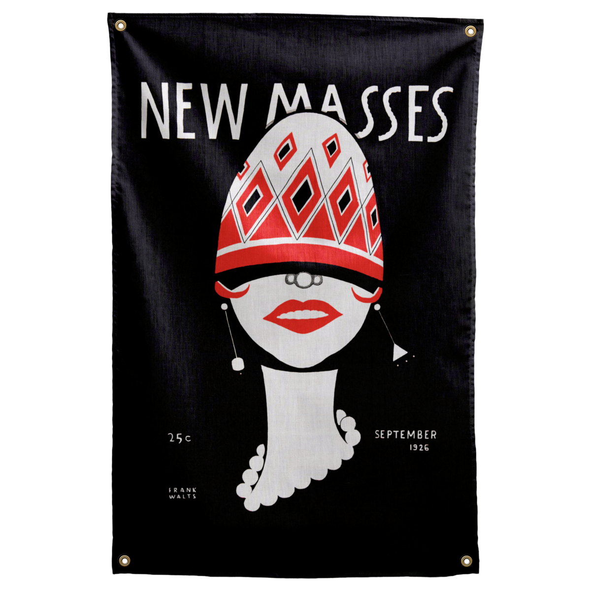 A patterned red hat and white face sit below NEW MASSES lettering on a black background on a Wall Rebel fabric wall flag.