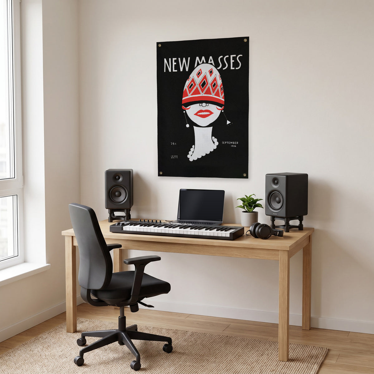 New Masses Red-Hat Cover Wall Flag in the studio room mockup.