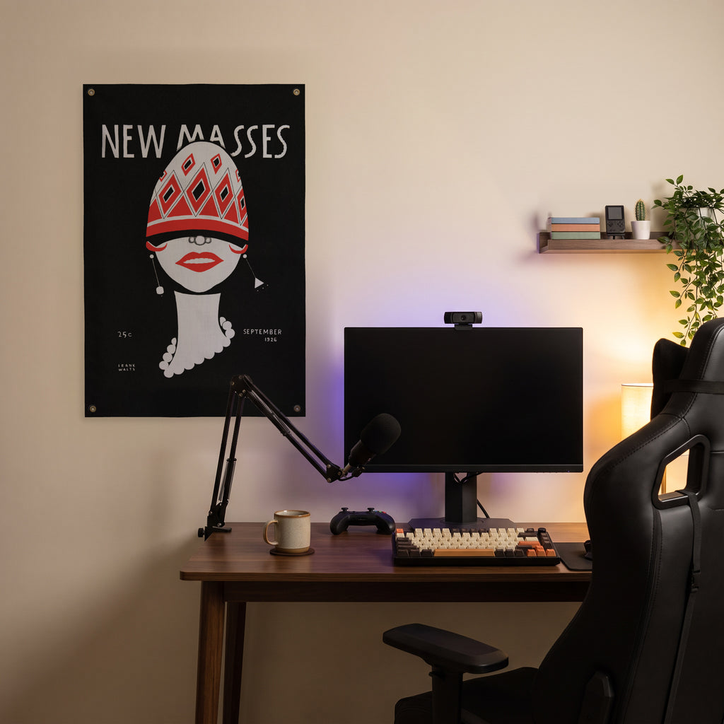 New Masses Red-Hat Cover Wall Flag in the streaming nook room mockup.