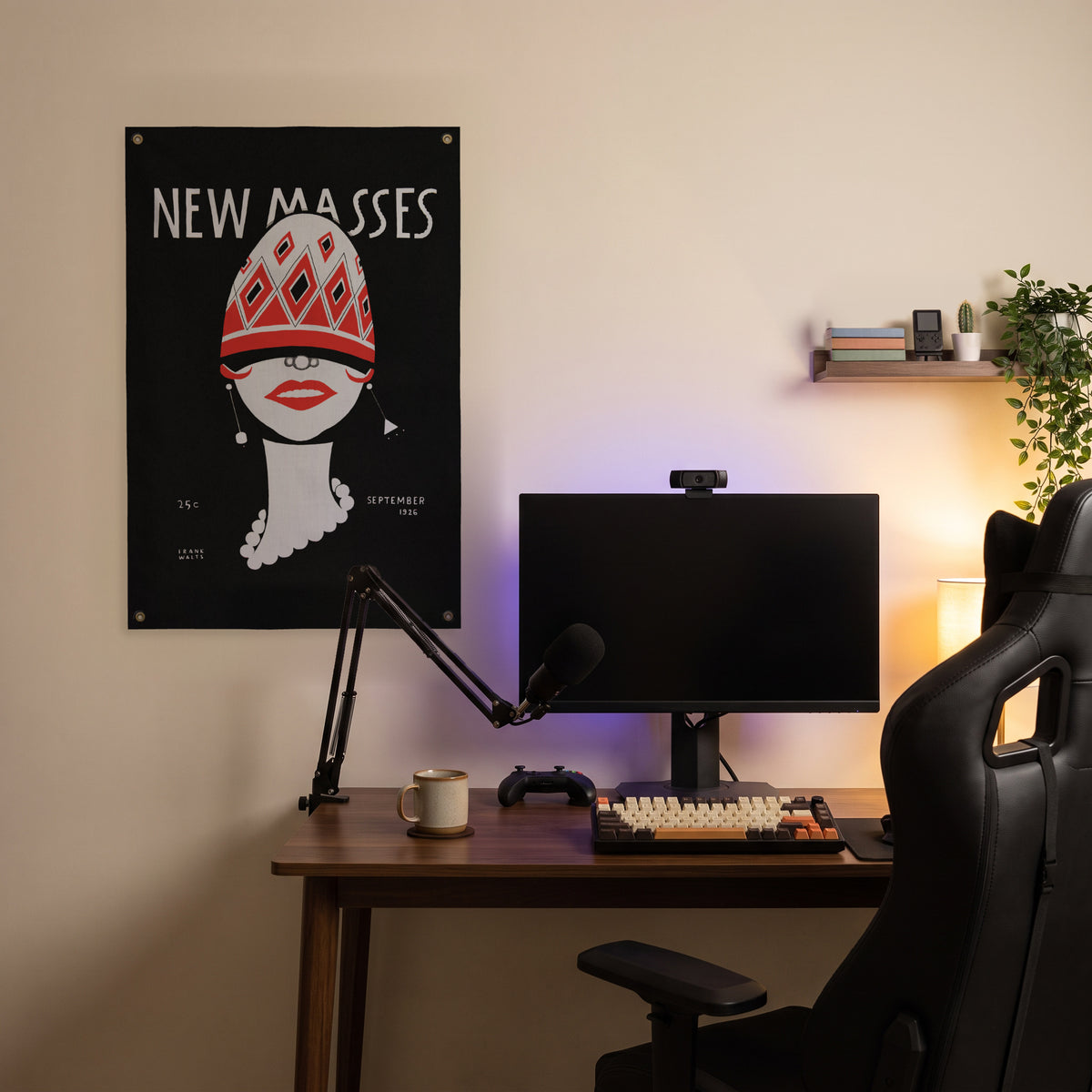 New Masses Red-Hat Cover Wall Flag in the streaming nook room mockup.