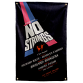 Slanted white NO STRINGS lettering crosses red and blue bands on black above musical theatre credits on a Wall Rebel fabric wall flag.