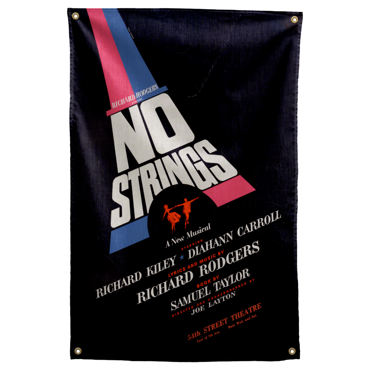 Slanted white NO STRINGS lettering crosses red and blue bands on black above musical theatre credits on a Wall Rebel fabric wall flag.