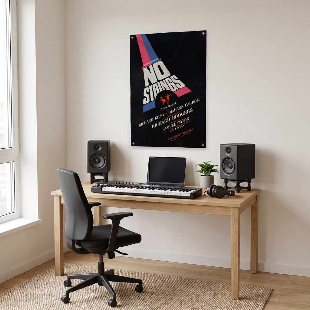No Strings Musical Poster Wall Flag in the studio room mockup.