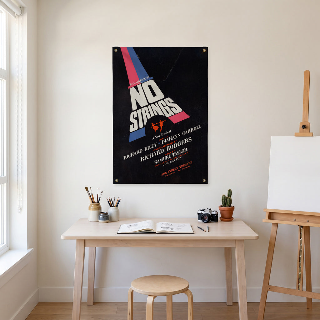 No Strings Musical Poster Wall Flag in the art corner room mockup.