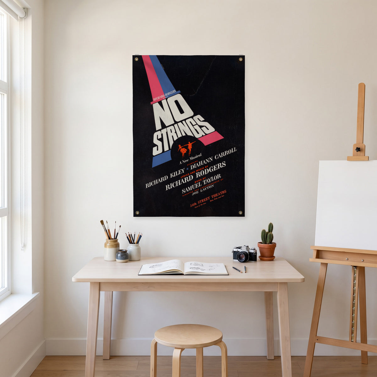 No Strings Musical Poster Wall Flag in the art corner room mockup.