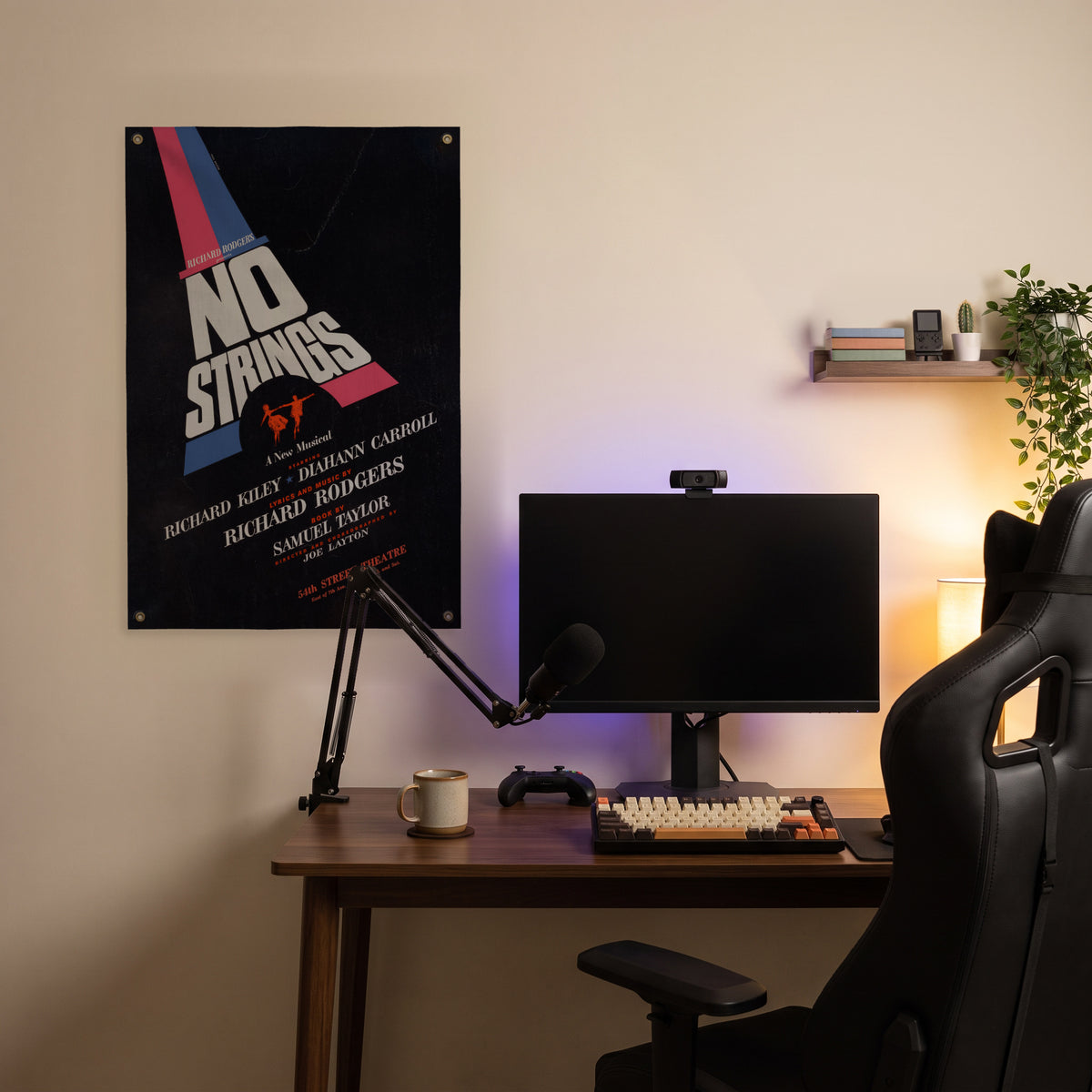 No Strings Musical Poster Wall Flag in the streaming nook room mockup.