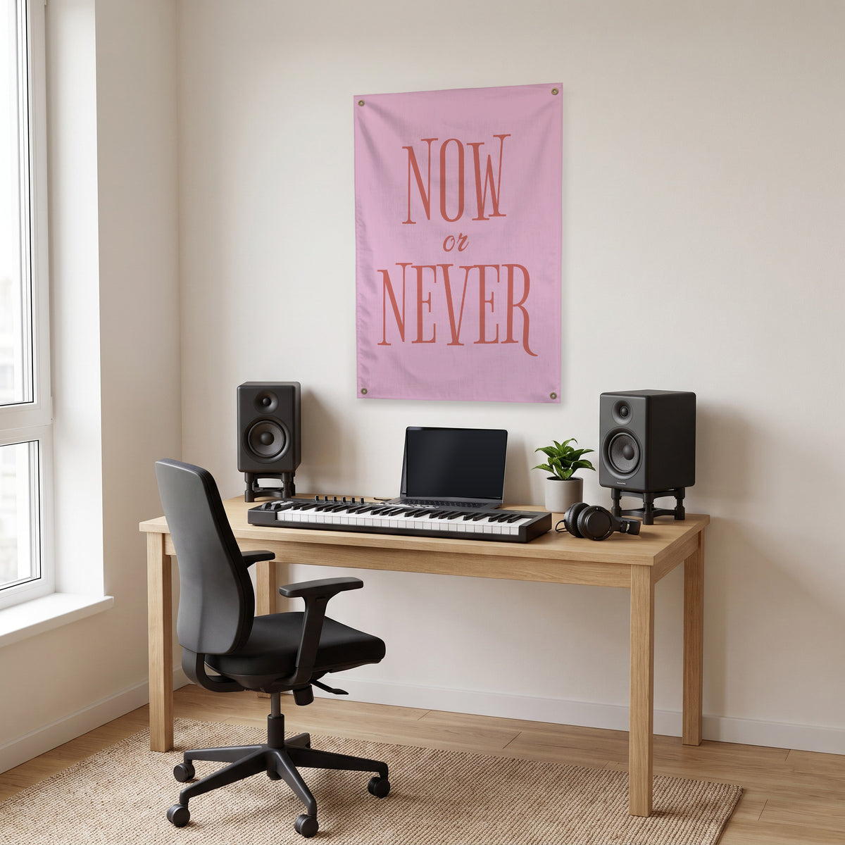 Now or Never Wall Flag in the studio room mockup.