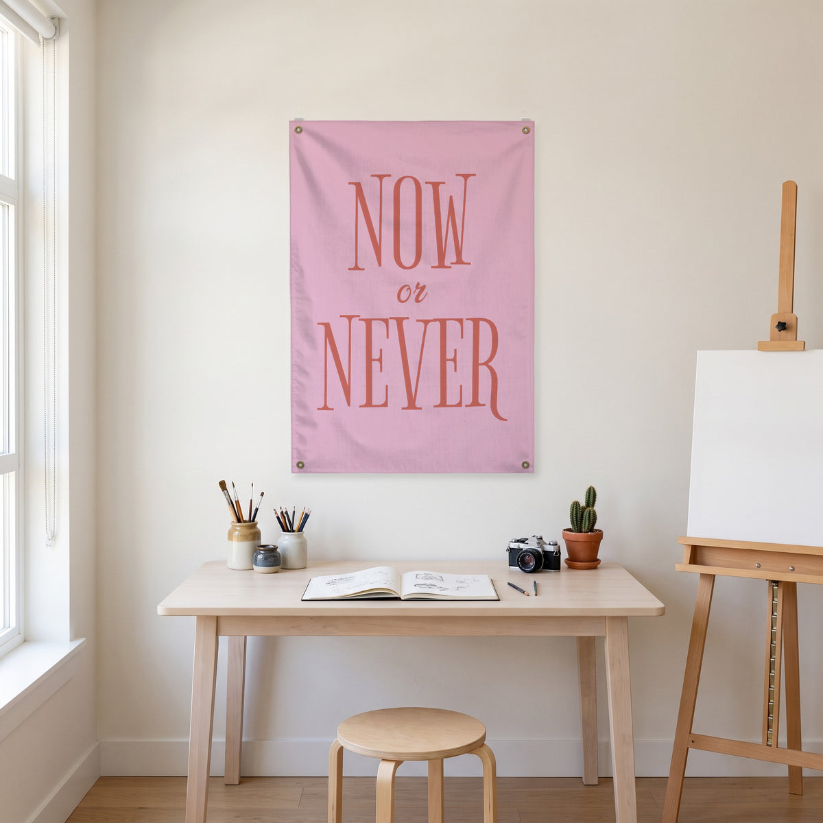 Now or Never Wall Flag in the art corner room mockup.