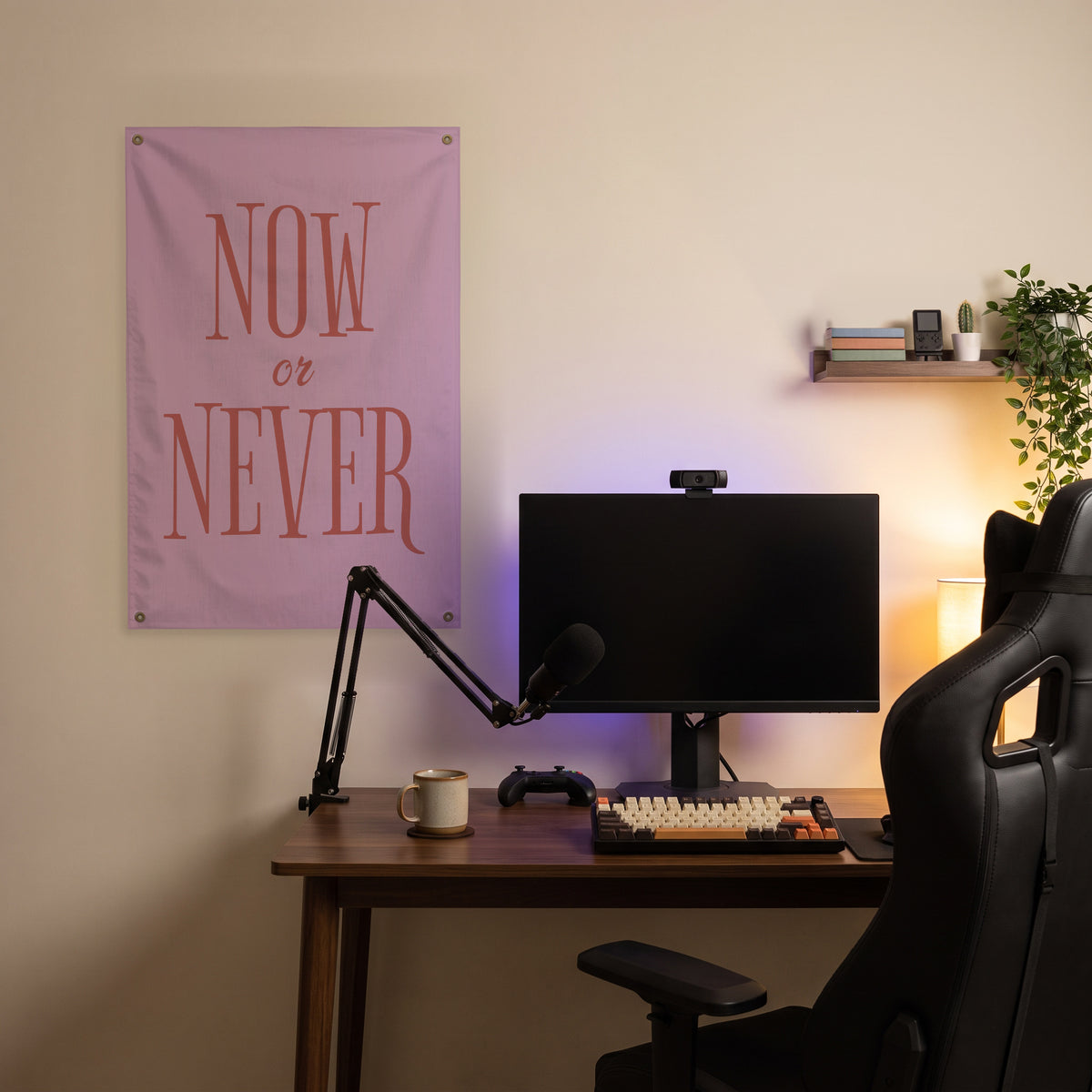 Now or Never Wall Flag in the streaming nook room mockup.