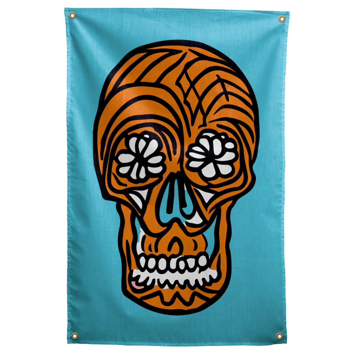 An orange skull with white floral eyes and thick black outlines floats on a turquoise background on a Wall Rebel fabric wall flag.