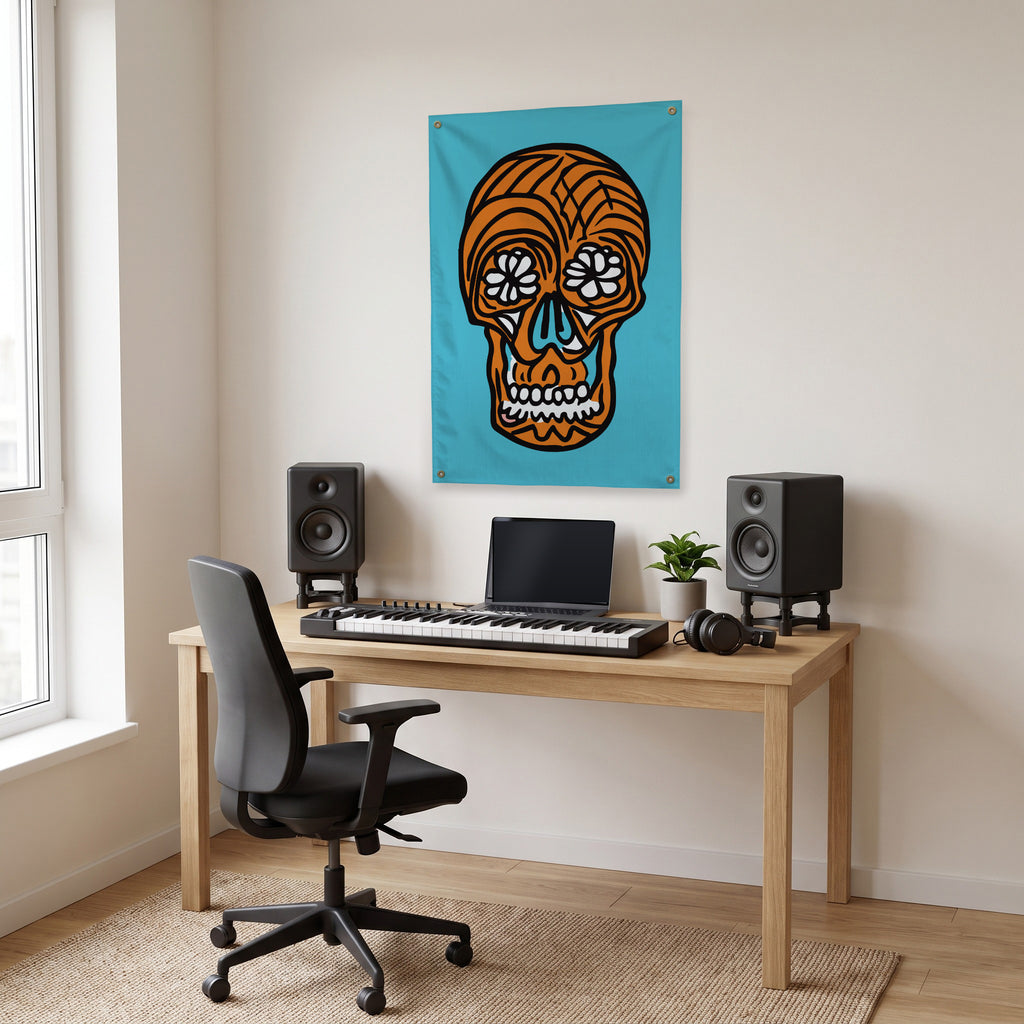 Orange Floral-Eyed Skull Wall Flag in the studio room mockup.