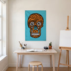 Orange Floral-Eyed Skull Wall Flag in the art corner room mockup.