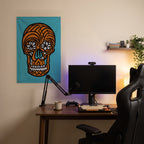 Orange Floral-Eyed Skull Wall Flag in the streaming nook room mockup.