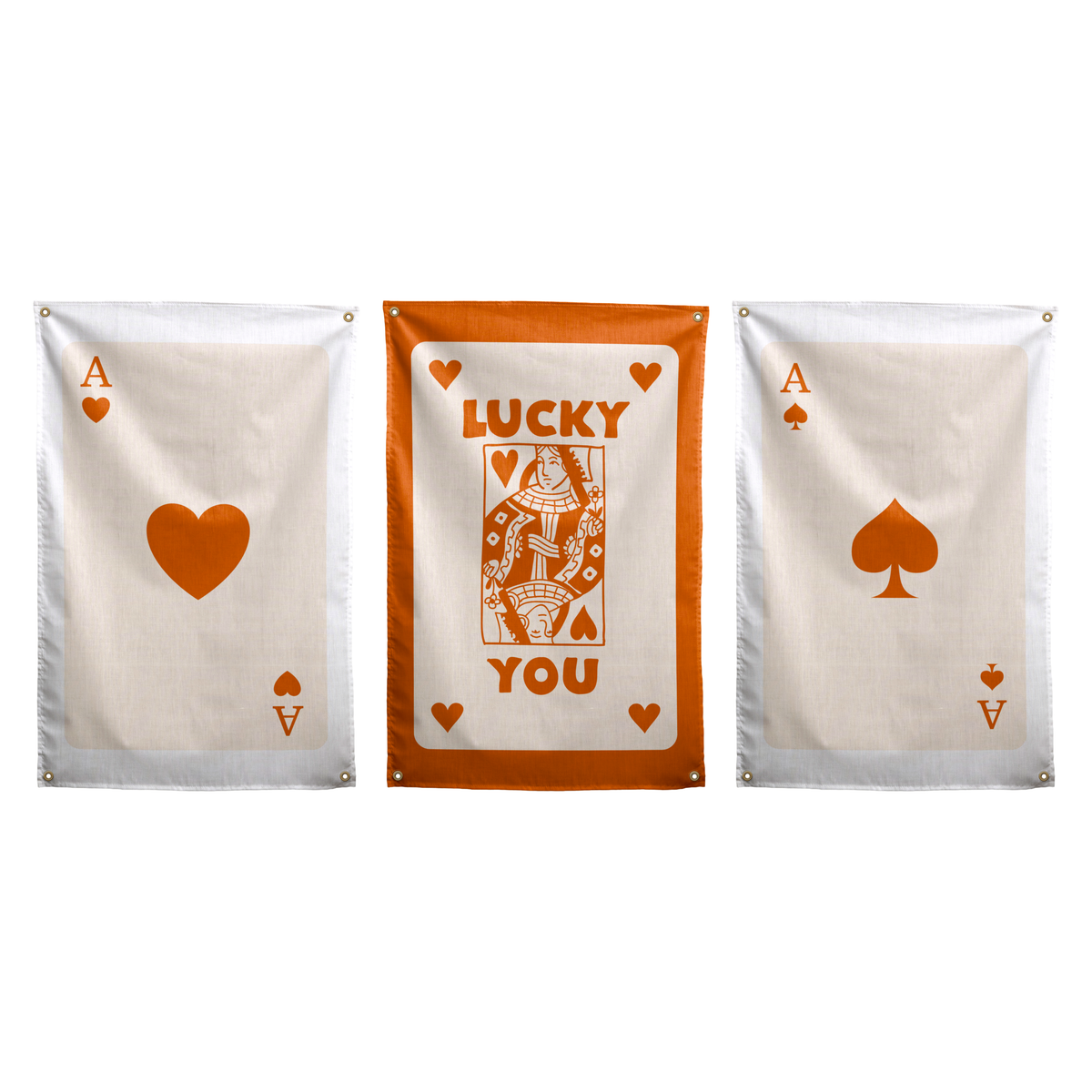 Orange set of three Wall Rebel wall flags: Ace of Hearts, Lucky You in the centre, and Ace of Spades.