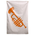 An orange trumpet silhouette tilts diagonally across an open pale peach background without lettering on a Wall Rebel fabric wall flag.