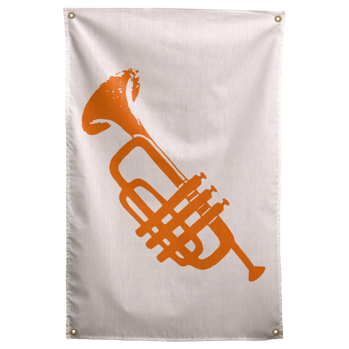 An orange trumpet silhouette tilts diagonally across an open pale peach background without lettering on a Wall Rebel fabric wall flag.