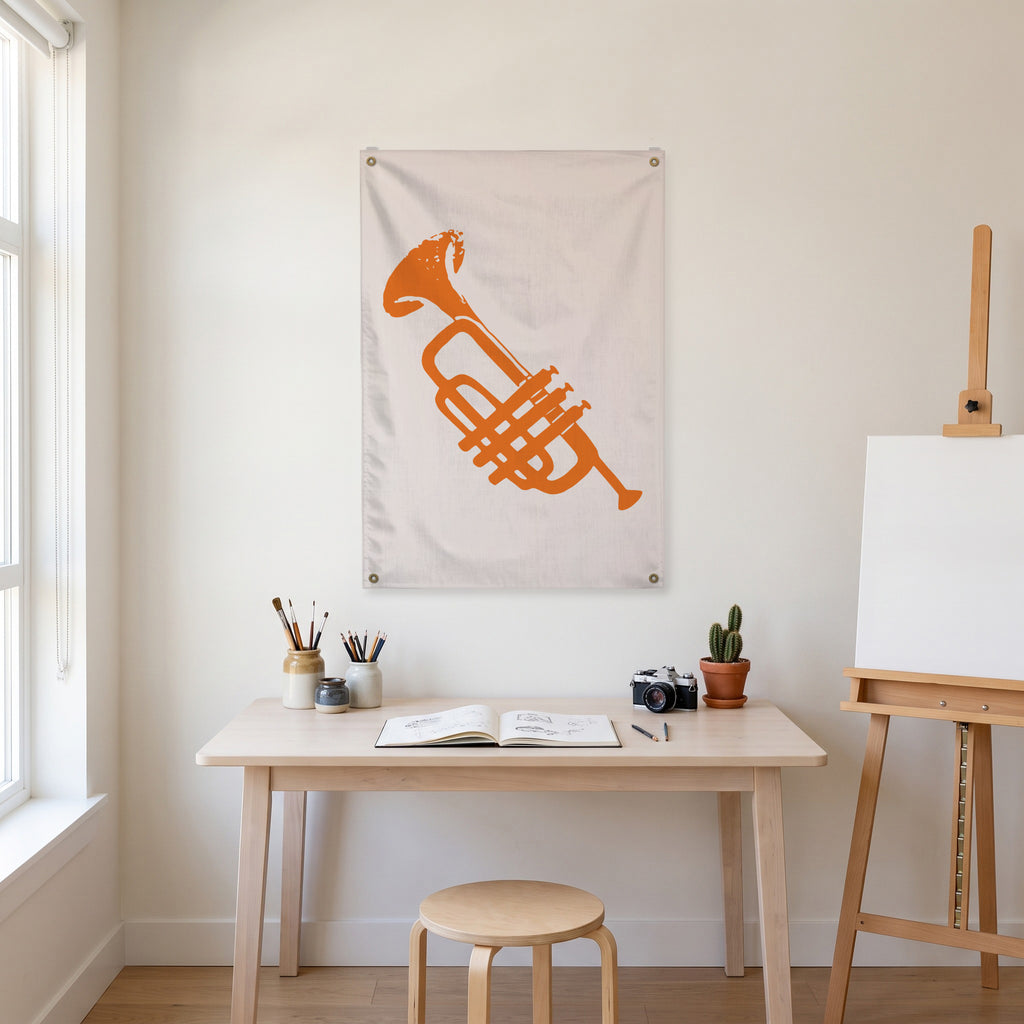Orange Trumpet Silhouette Wall Flag in the art corner room mockup.