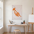 Orange Trumpet Silhouette Wall Flag in the art corner room mockup.