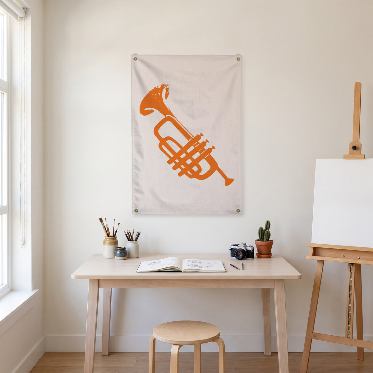 Orange Trumpet Silhouette Wall Flag in the art corner room mockup.