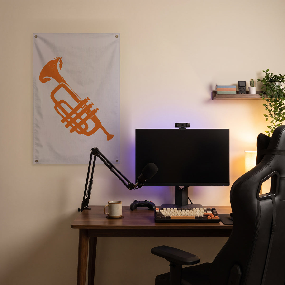 Orange Trumpet Silhouette Wall Flag in the streaming nook room mockup.