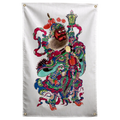A fierce guardian holds a tall staff, wearing richly patterned robes and elaborate multicolour ornaments on a Wall Rebel fabric wall flag.