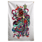 A fierce guardian holds a tall staff, wearing richly patterned robes and elaborate multicolour ornaments on a Wall Rebel fabric wall flag.