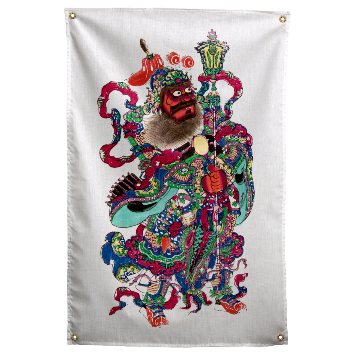 A fierce guardian holds a tall staff, wearing richly patterned robes and elaborate multicolour ornaments on a Wall Rebel fabric wall flag.