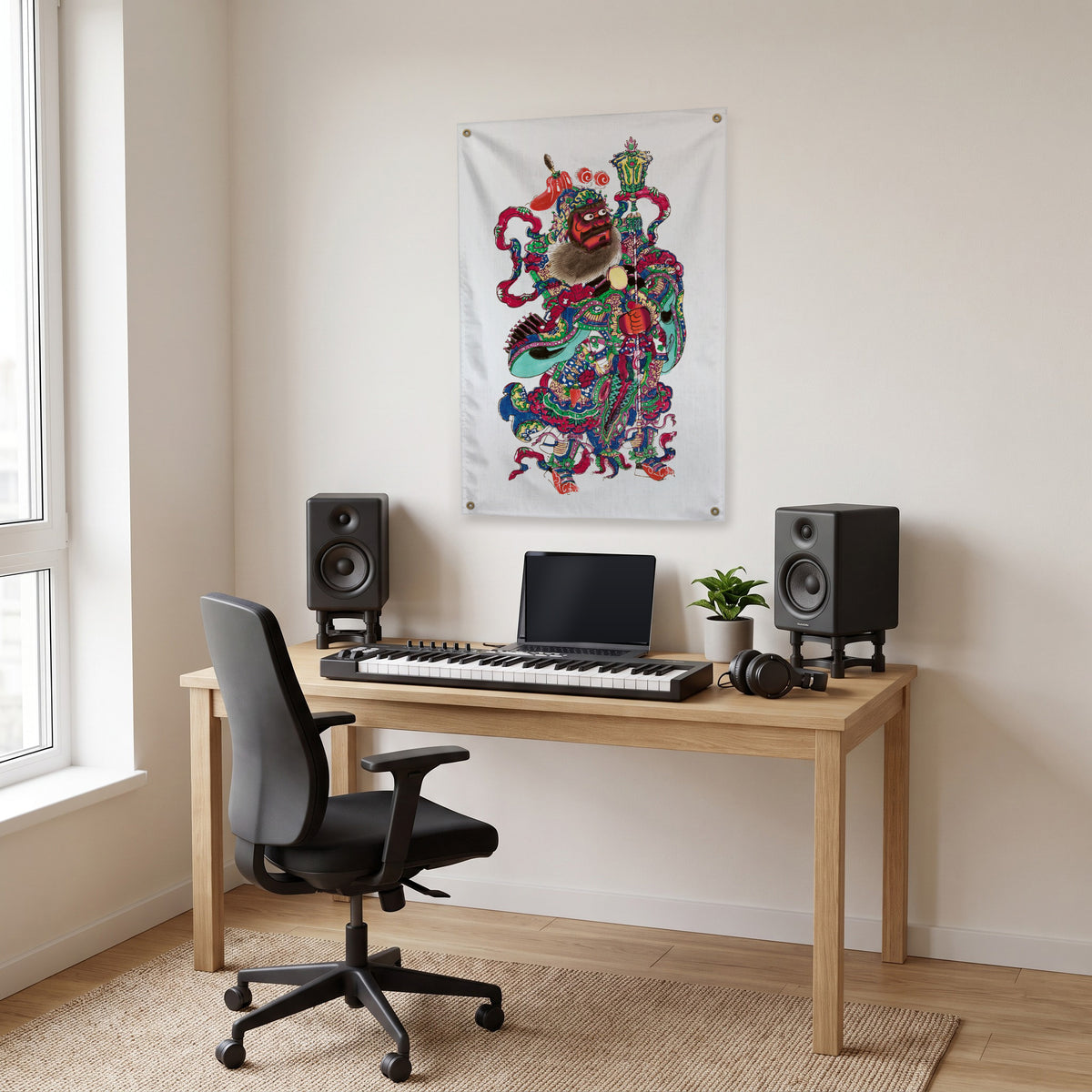 Ornate Guardian with a Staff Wall Flag in the studio room mockup.