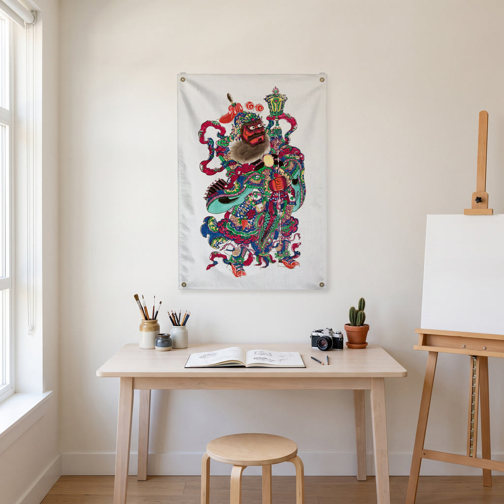 Ornate Guardian with a Staff Wall Flag in the art corner room mockup.