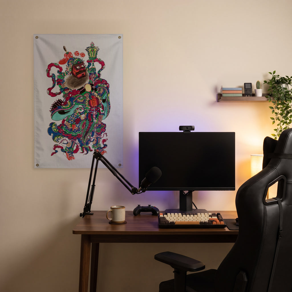Ornate Guardian with a Staff Wall Flag in the streaming nook room mockup.