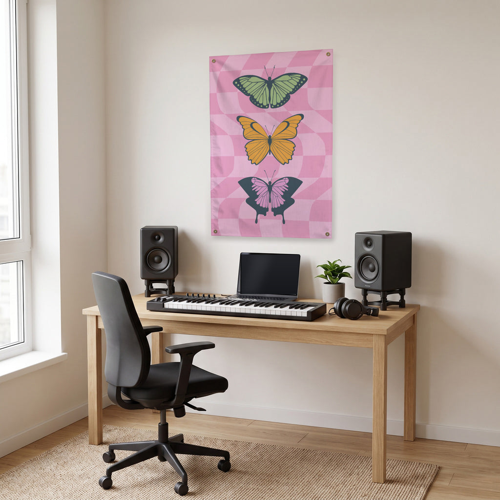 Pastel Butterfly Trio Wall Flag in the studio room mockup.