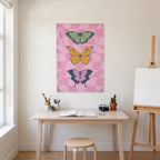 Pastel Butterfly Trio Wall Flag in the art corner room mockup.