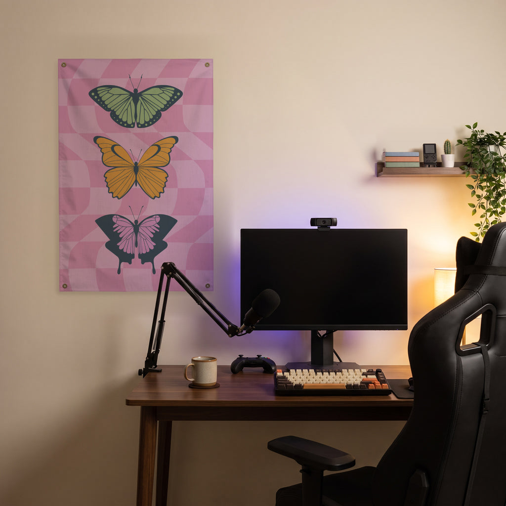 Pastel Butterfly Trio Wall Flag in the streaming nook room mockup.