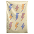 Nine pastel lightning bolts in blue, peach and pink repeat across pale yellow on this patterned Wall Rebel fabric wall flag.