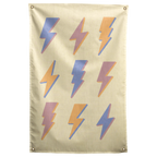 Nine pastel lightning bolts in blue, peach and pink repeat across pale yellow on this patterned Wall Rebel fabric wall flag.