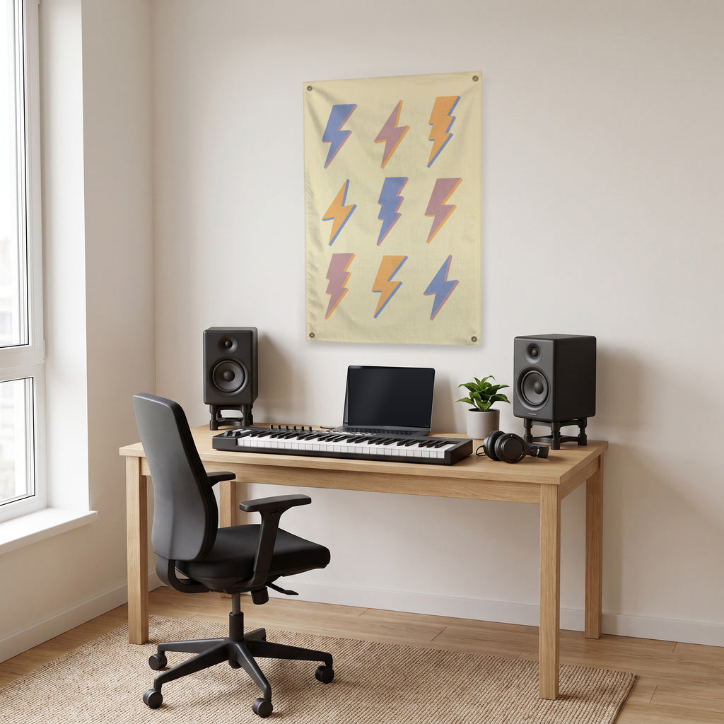Pastel Lightning Grid Wall Flag in the studio room mockup.