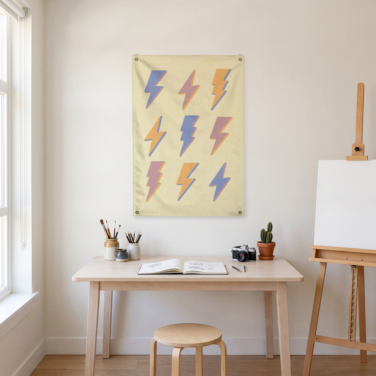 Pastel Lightning Grid Wall Flag in the art corner room mockup.