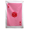 A red six-sided die sits at the centre of a large pink ace card with red corner symbols on a Wall Rebel fabric wall flag.