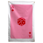 A red six-sided die sits at the centre of a large pink ace card with red corner symbols on a Wall Rebel fabric wall flag.