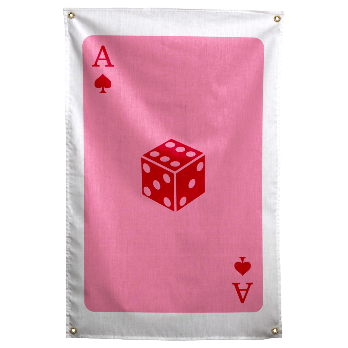 A red six-sided die sits at the centre of a large pink ace card with red corner symbols on a Wall Rebel fabric wall flag.
