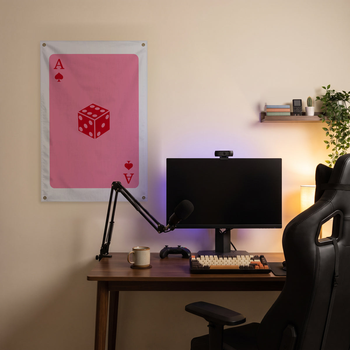 Pink Ace and Red Die Wall Flag in the streaming nook room mockup.