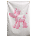 A glossy pink balloon dog stands alone on pale cream, with soft highlights on its rounded shape on a Wall Rebel fabric wall flag.