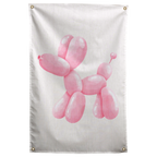 A glossy pink balloon dog stands alone on pale cream, with soft highlights on its rounded shape on a Wall Rebel fabric wall flag.