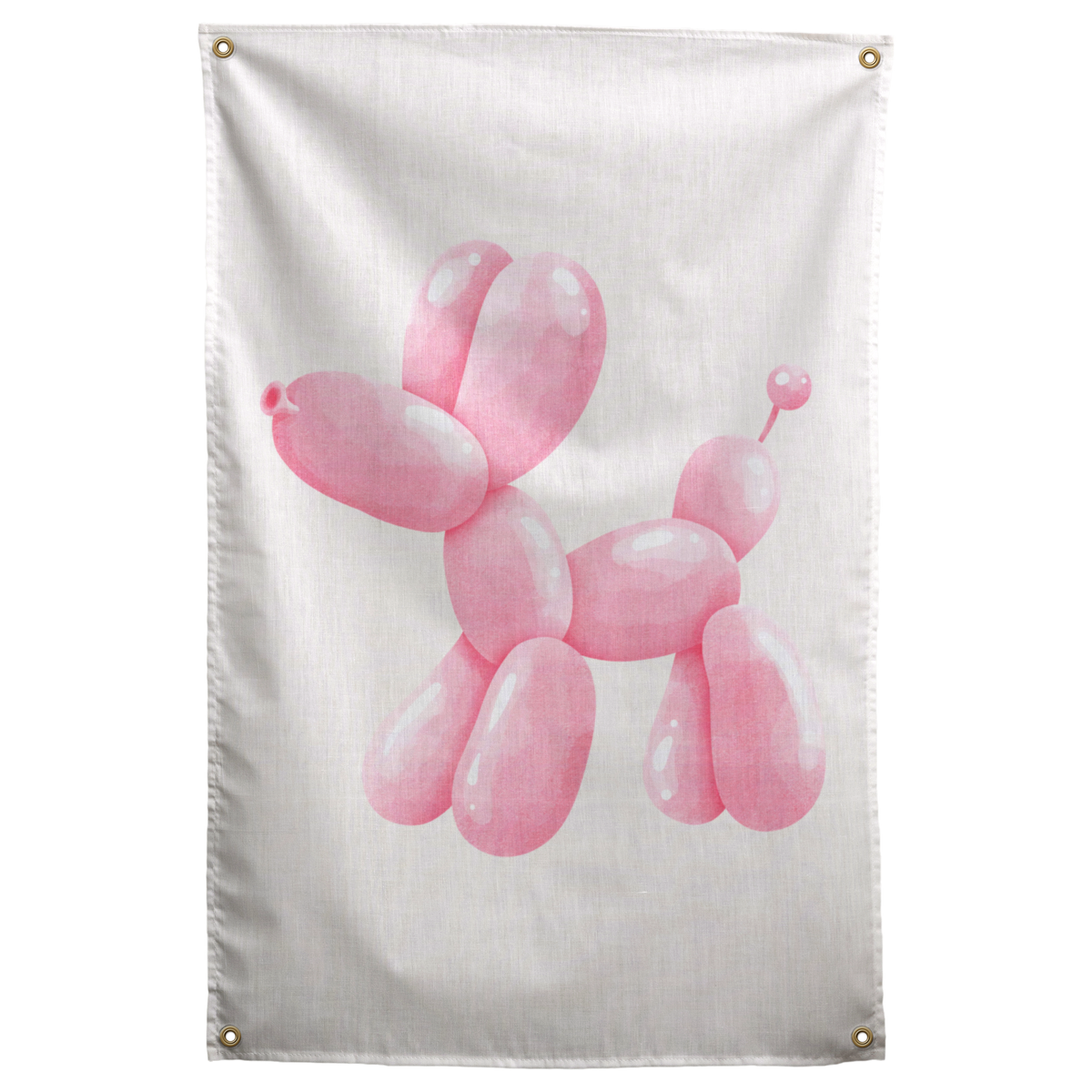 A glossy pink balloon dog stands alone on pale cream, with soft highlights on its rounded shape on a Wall Rebel fabric wall flag.