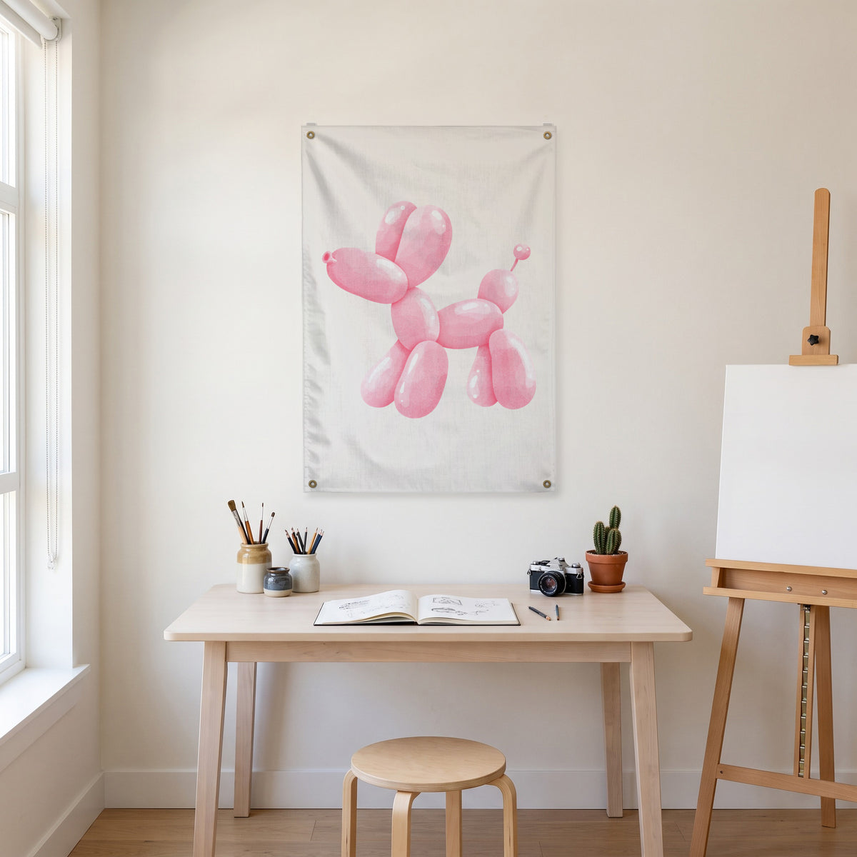 Pink Balloon Dog Wall Flag in the art corner room mockup.